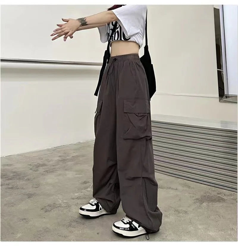 Women Casual Baggy Cargo Pants Solid Low Waist Joggers Tech Pants Drawstring Wide Leg Baggy Trousers Y2K Streetwear Sweatpants