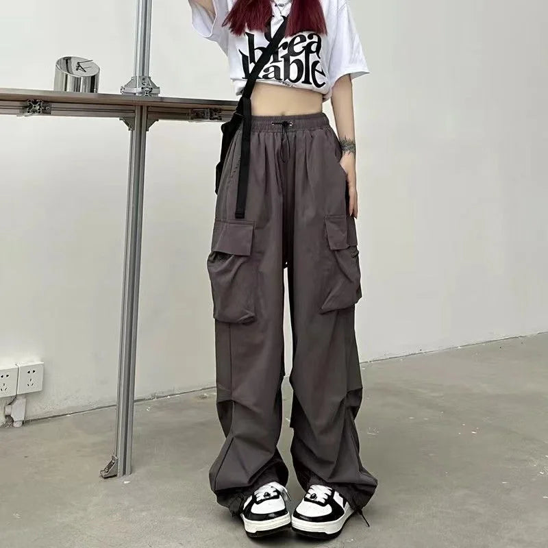 Women Casual Baggy Cargo Pants Solid Low Waist Joggers Tech Pants Drawstring Wide Leg Baggy Trousers Y2K Streetwear Sweatpants