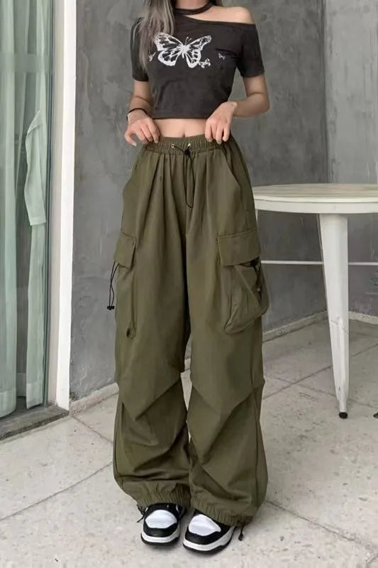 Women Casual Baggy Cargo Pants Solid Low Waist Joggers Tech Pants Drawstring Wide Leg Baggy Trousers Y2K Streetwear Sweatpants