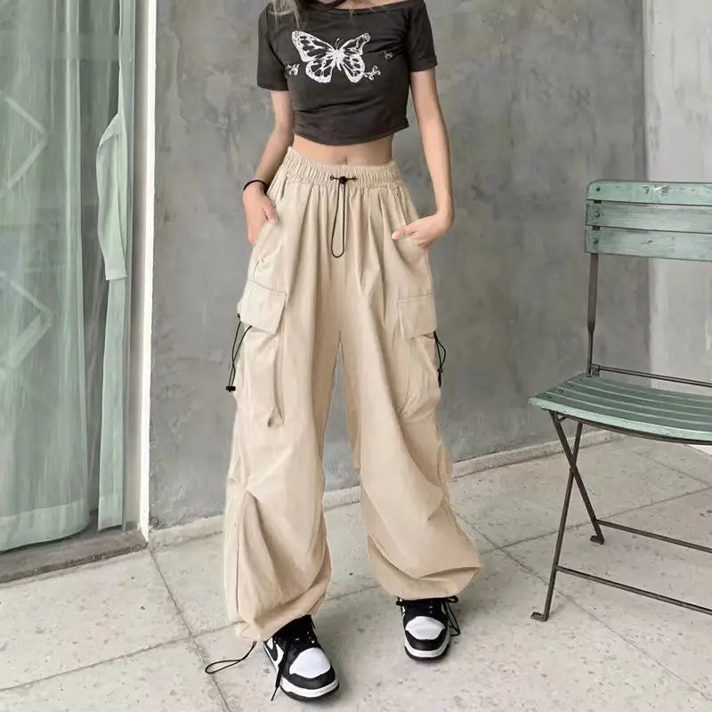 Women Casual Baggy Cargo Pants Solid Low Waist Joggers Tech Pants Drawstring Wide Leg Baggy Trousers Y2K Streetwear Sweatpants