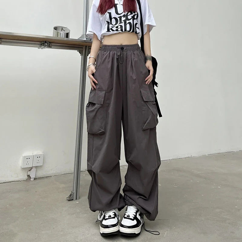 Women Casual Baggy Cargo Pants Solid Low Waist Joggers Tech Pants Drawstring Wide Leg Baggy Trousers Y2K Streetwear Sweatpants