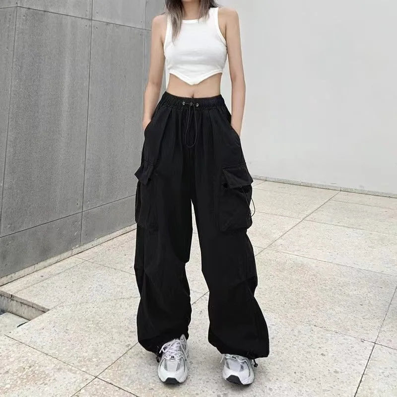 Women Casual Baggy Cargo Pants Solid Low Waist Joggers Tech Pants Drawstring Wide Leg Baggy Trousers Y2K Streetwear Sweatpants