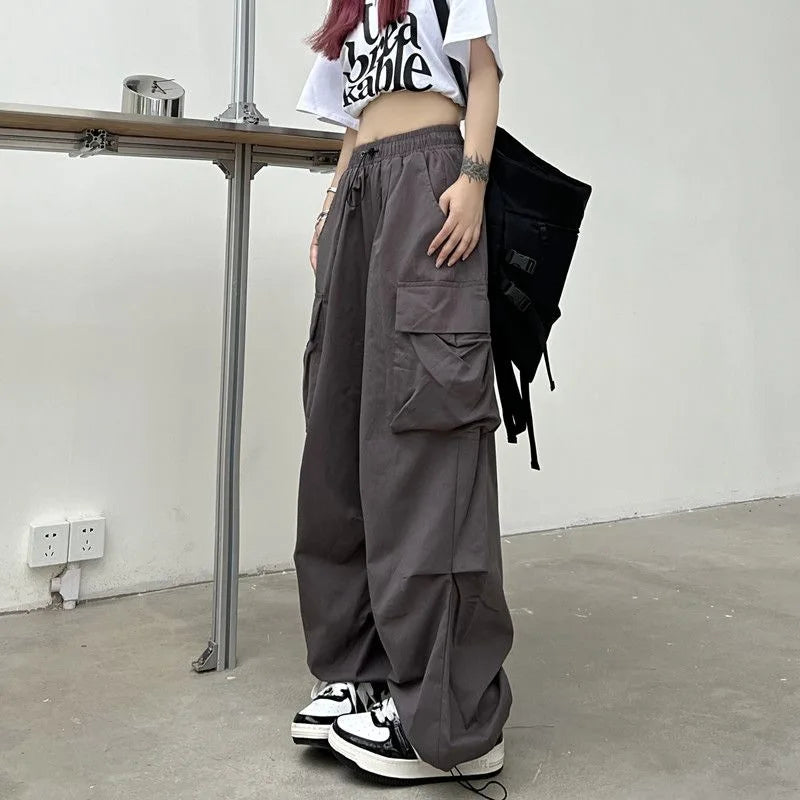 Women Casual Baggy Cargo Pants Solid Low Waist Joggers Tech Pants Drawstring Wide Leg Baggy Trousers Y2K Streetwear Sweatpants