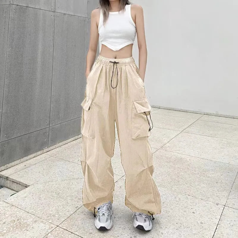 Women Casual Baggy Cargo Pants Solid Low Waist Joggers Tech Pants Drawstring Wide Leg Baggy Trousers Y2K Streetwear Sweatpants