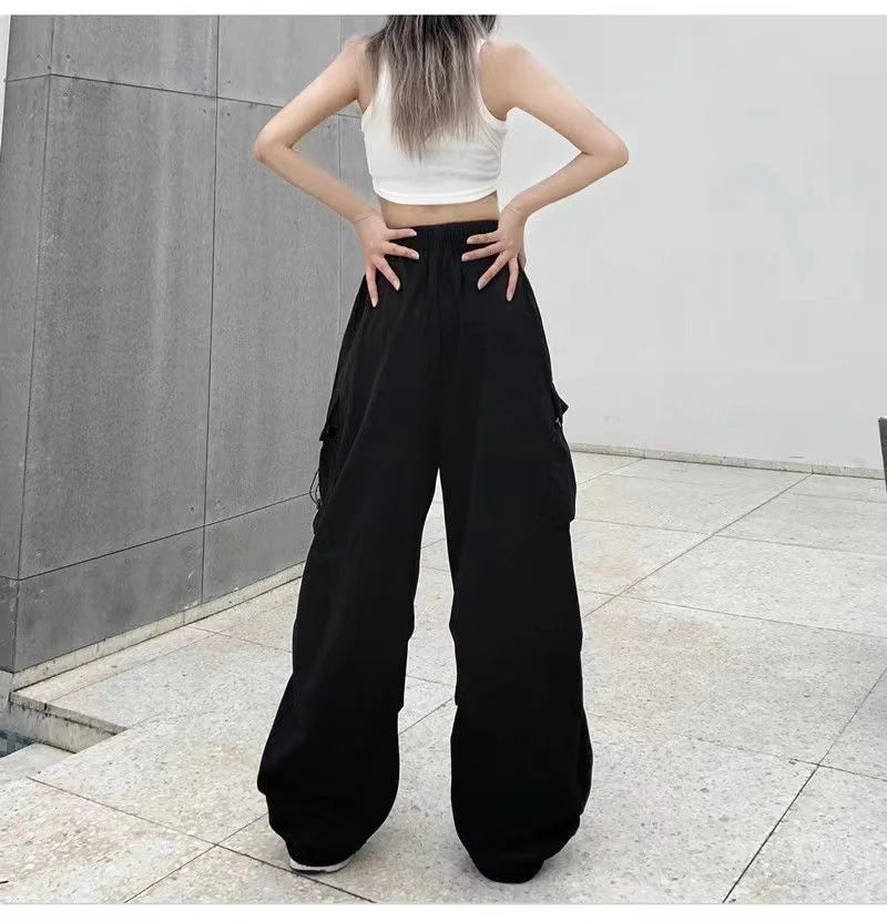 Women Casual Baggy Cargo Pants Solid Low Waist Joggers Tech Pants Drawstring Wide Leg Baggy Trousers Y2K Streetwear Sweatpants