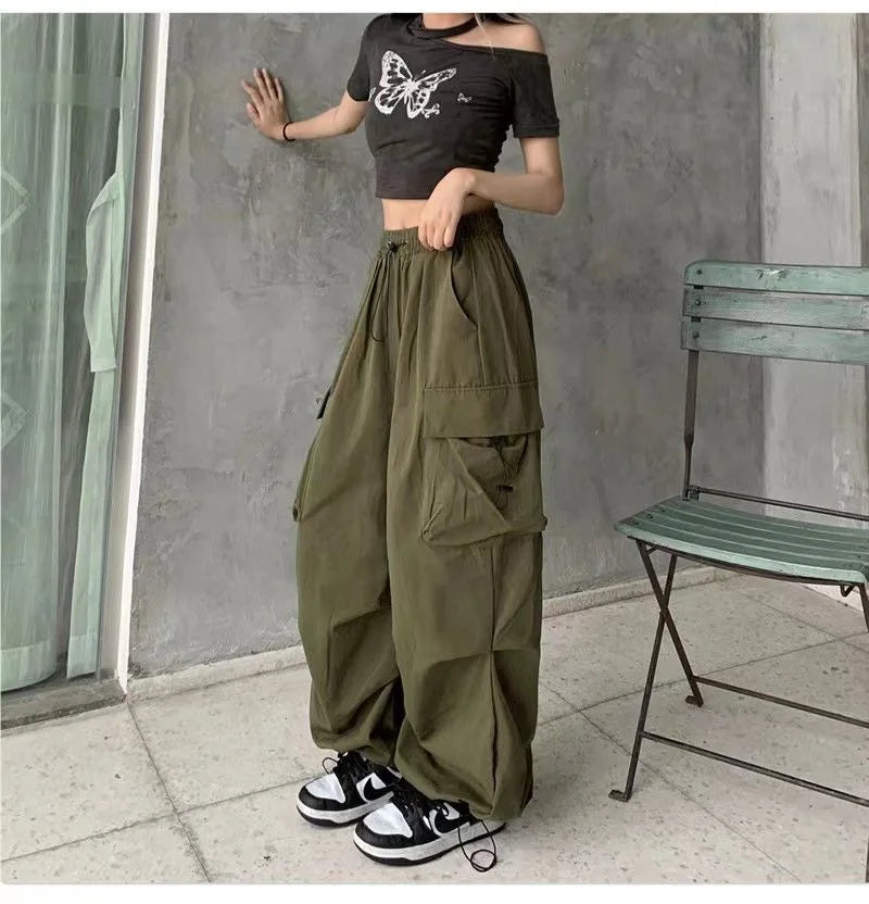 Women Casual Baggy Cargo Pants Solid Low Waist Joggers Tech Pants Drawstring Wide Leg Baggy Trousers Y2K Streetwear Sweatpants