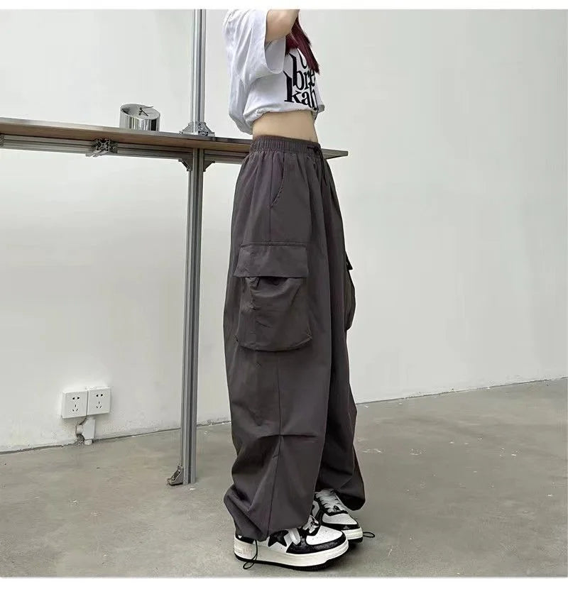 Women Casual Baggy Cargo Pants Solid Low Waist Joggers Tech Pants Drawstring Wide Leg Baggy Trousers Y2K Streetwear Sweatpants