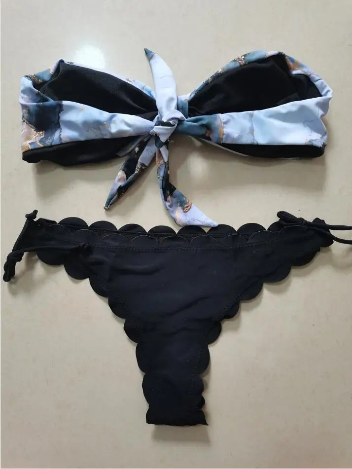 Beach Bikini 2024 Woman Sexy Front Lace Up Tie Bandeau Leopard Swimsuit Female Push Up Ruffled Bow Bathing Suit Thong Swimwear