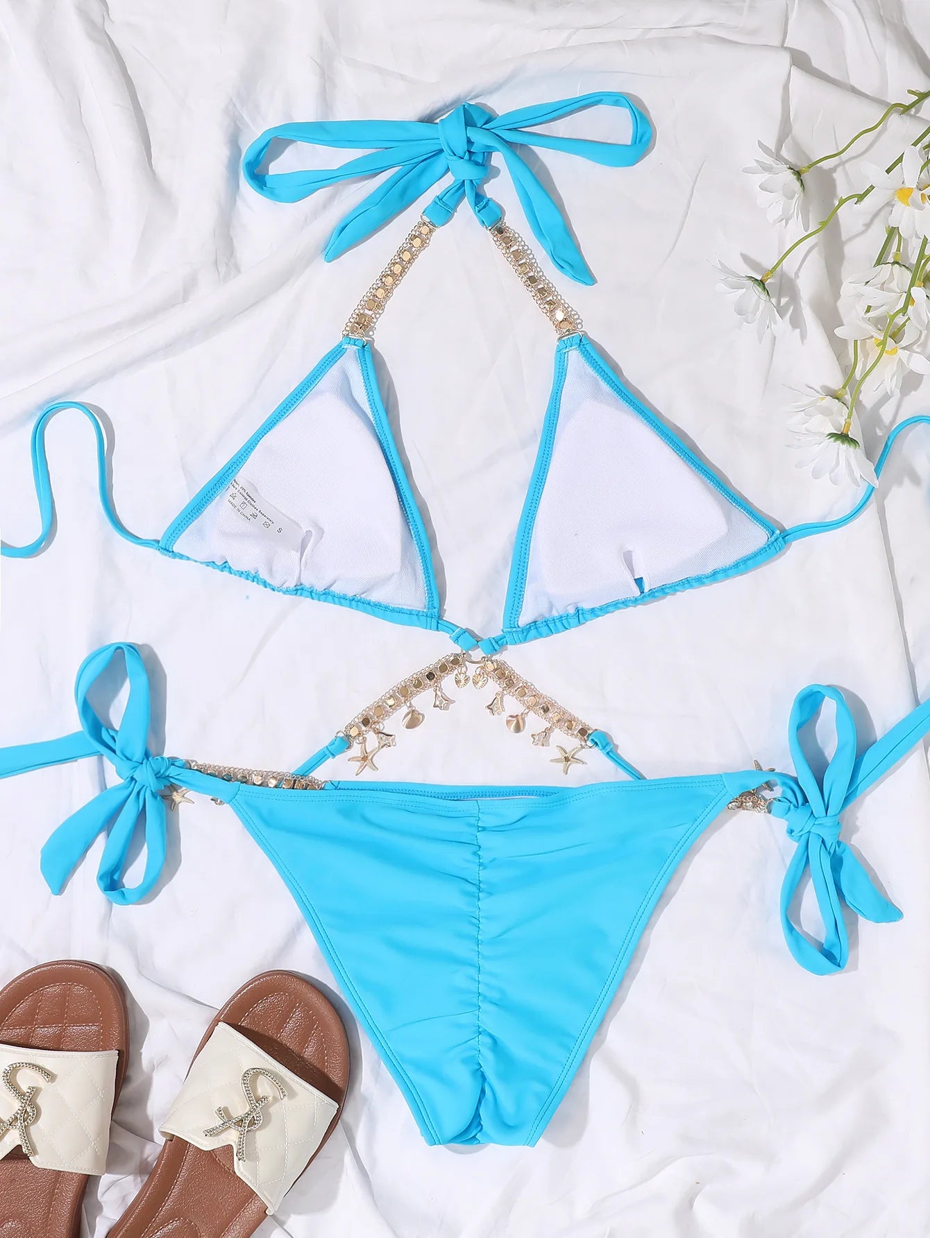Sexy Luxury Bikini 2025 Women Crystal Rhinestones Push Up Micro Swimsuit Neon Orange Metal Chain Diamond High Cut Thong Swimwear