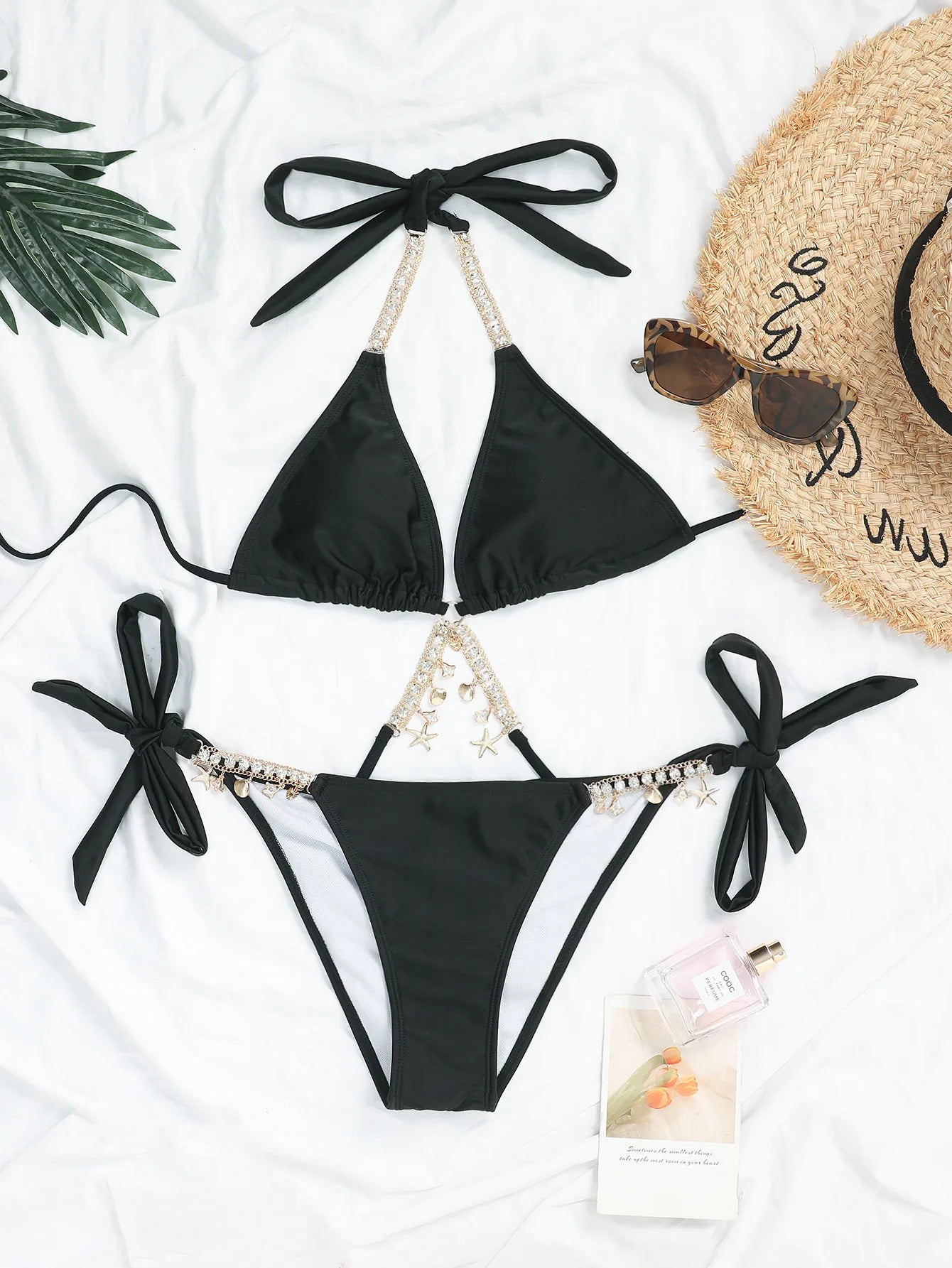 Sexy Luxury Bikini 2025 Women Crystal Rhinestones Push Up Micro Swimsuit Neon Orange Metal Chain Diamond High Cut Thong Swimwear