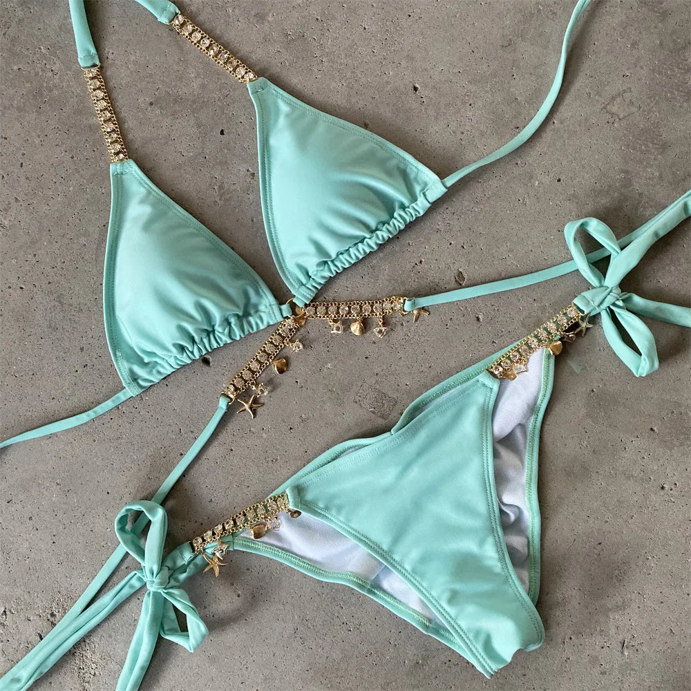 Sexy Luxury Bikini 2025 Women Crystal Rhinestones Push Up Micro Swimsuit Neon Orange Metal Chain Diamond High Cut Thong Swimwear