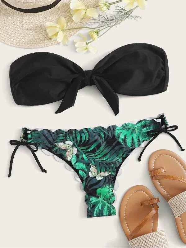Beach Bikini 2024 Woman Sexy Front Lace Up Tie Bandeau Leopard Swimsuit Female Push Up Ruffled Bow Bathing Suit Thong Swimwear