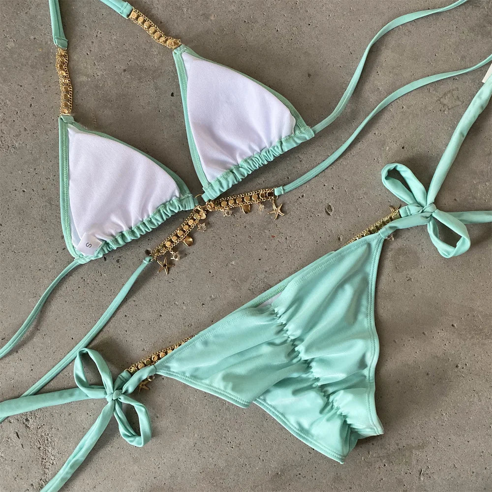 Sexy Luxury Bikini 2025 Women Crystal Rhinestones Push Up Micro Swimsuit Neon Orange Metal Chain Diamond High Cut Thong Swimwear