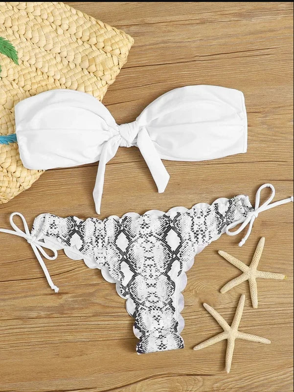 Beach Bikini 2024 Woman Sexy Front Lace Up Tie Bandeau Leopard Swimsuit Female Push Up Ruffled Bow Bathing Suit Thong Swimwear