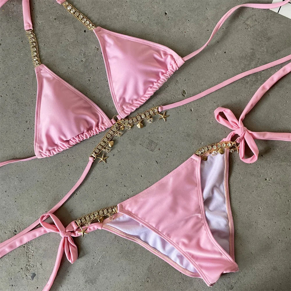Sexy Luxury Bikini 2025 Women Crystal Rhinestones Push Up Micro Swimsuit Neon Orange Metal Chain Diamond High Cut Thong Swimwear