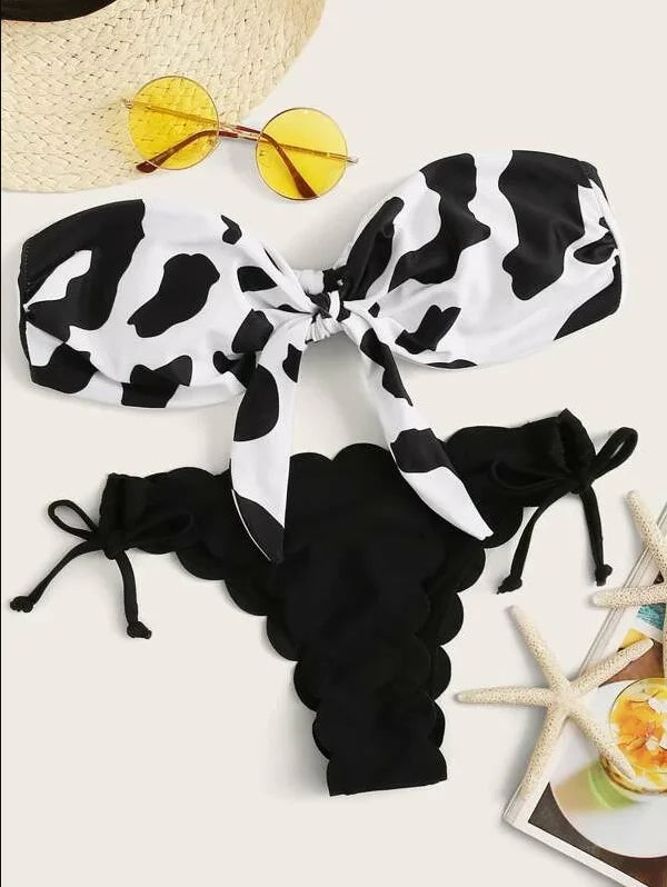 Beach Bikini 2024 Woman Sexy Front Lace Up Tie Bandeau Leopard Swimsuit Female Push Up Ruffled Bow Bathing Suit Thong Swimwear