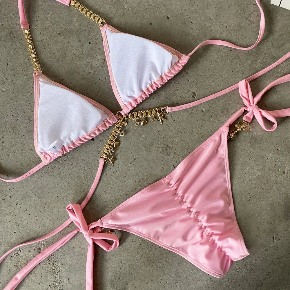 Sexy Luxury Bikini 2025 Women Crystal Rhinestones Push Up Micro Swimsuit Neon Orange Metal Chain Diamond High Cut Thong Swimwear