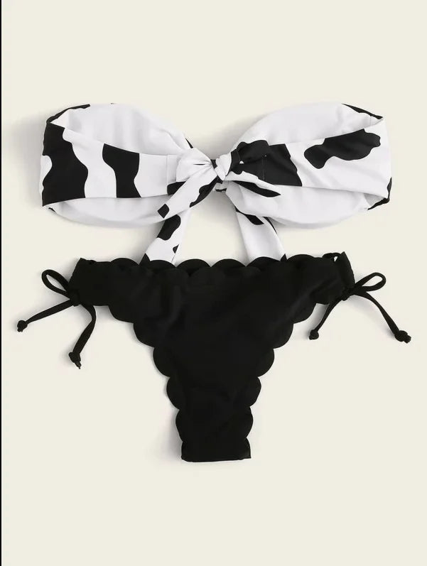 Beach Bikini 2024 Woman Sexy Front Lace Up Tie Bandeau Leopard Swimsuit Female Push Up Ruffled Bow Bathing Suit Thong Swimwear