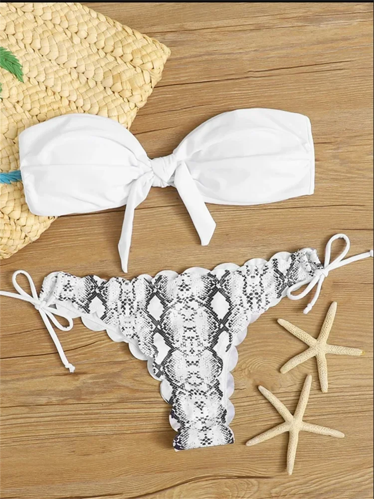 Beach Bikini 2024 Woman Sexy Front Lace Up Tie Bandeau Leopard Swimsuit Female Push Up Ruffled Bow Bathing Suit Thong Swimwear