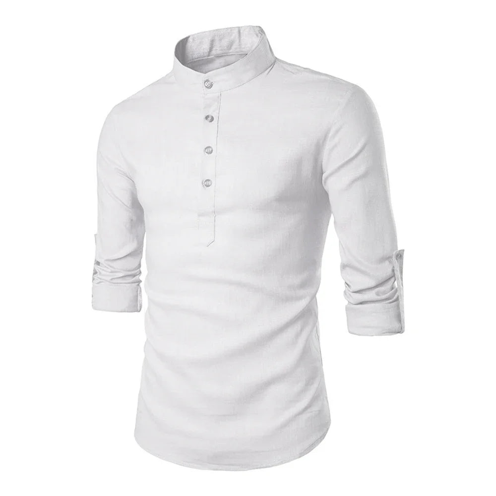 Cotton Linen Hot Sale Men's Long-Sleeved Shirts Summer Solid Color Stand-Up Collar Casual Beach Style Plus Size Linen Man Tops