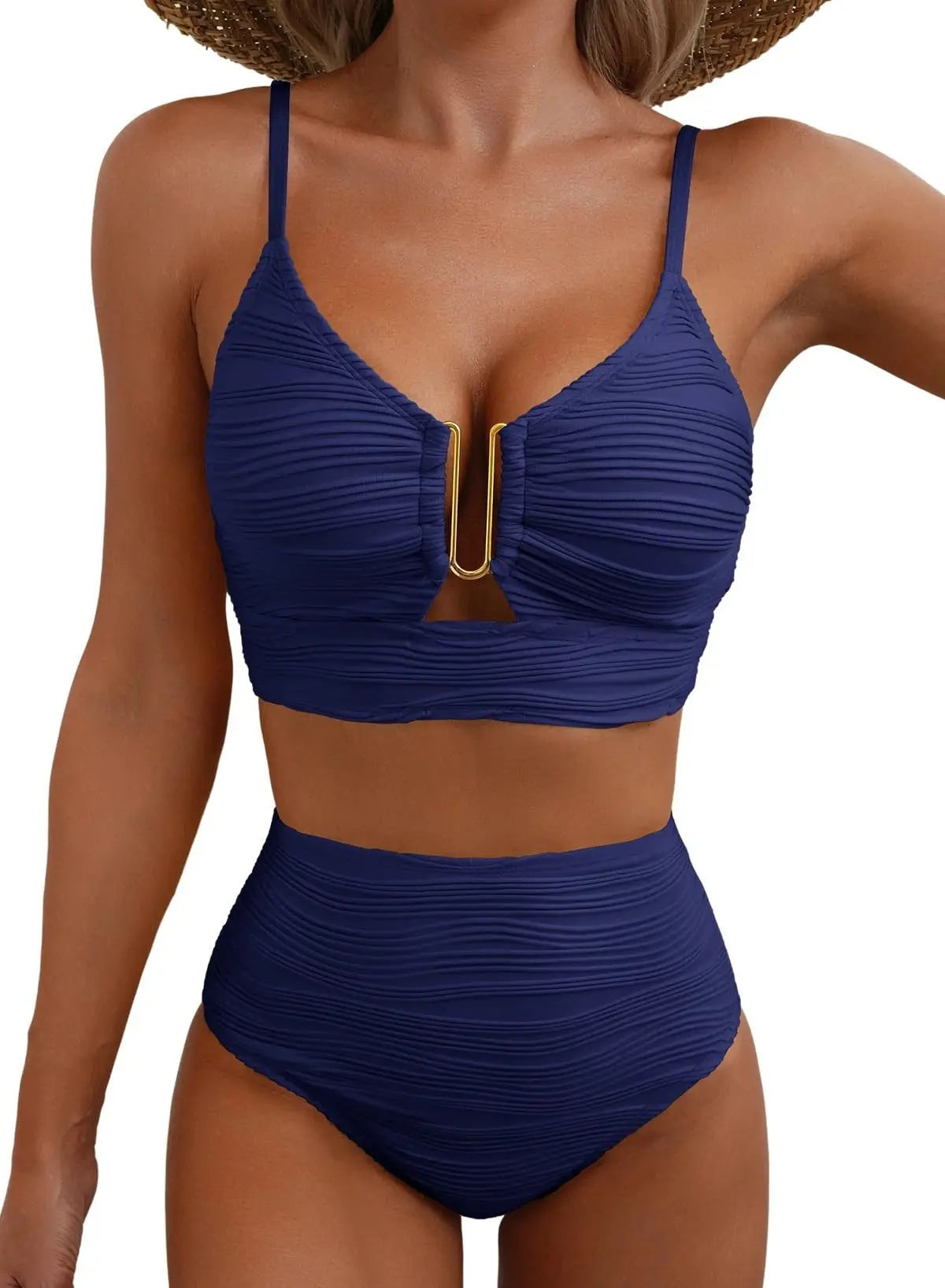 2025 Swimwear Woman Bikini Cutout V Neck Bikini Set High Waist Textured Swimsuit Adjustable Ties Women Beach Resort Wear