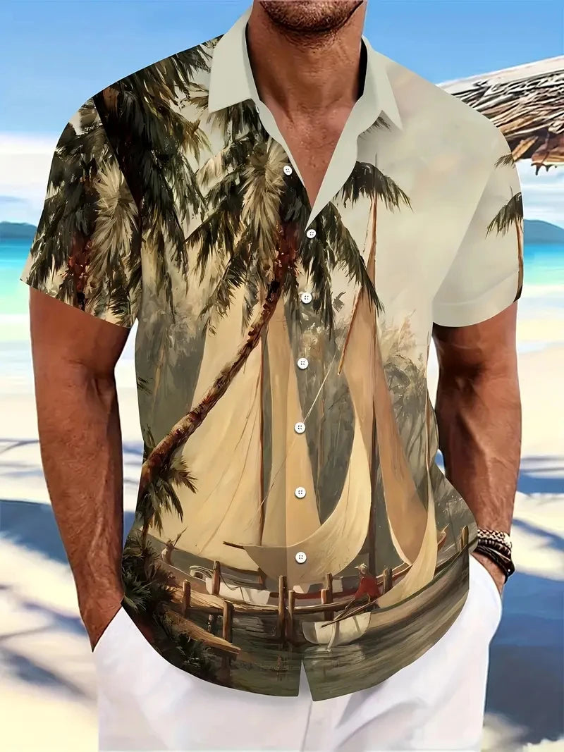 Beach Men's Lapel Shirt Summer Short Sleeve Outdoor Everyday Shirt Tops Landscape Printed Pattern OverSize Loose Men Clothing