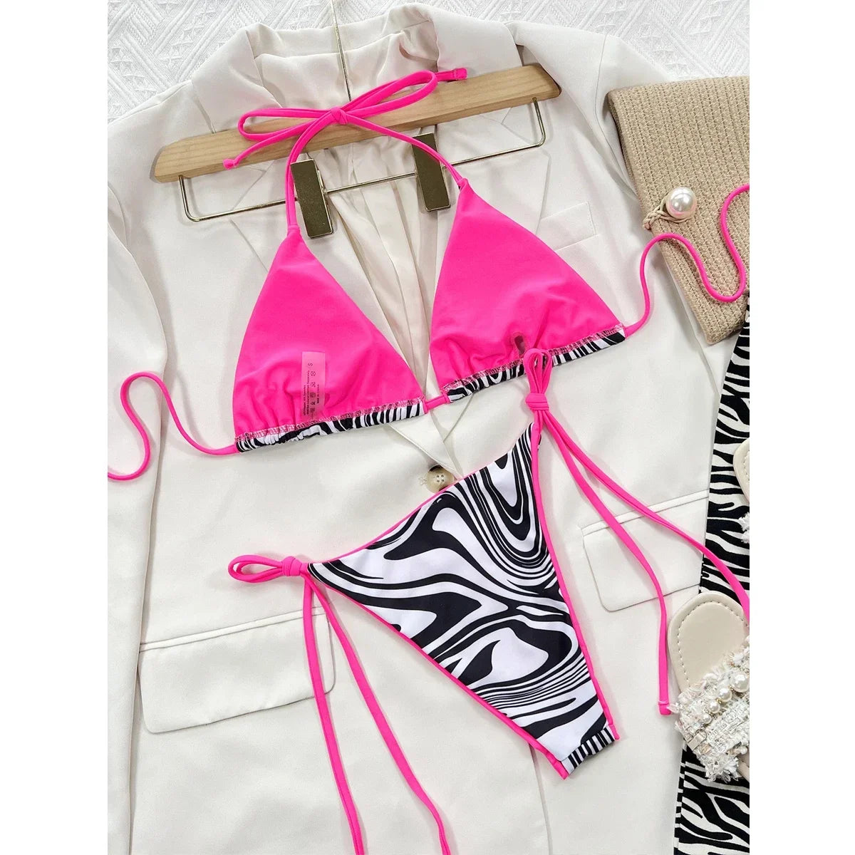 Sexy Zebra Print Bikini Women 2-piece Triangle Bag Swimsuit Fluorescent Bandage Backless Bathing Suit Low Waist Swimwear 2024
