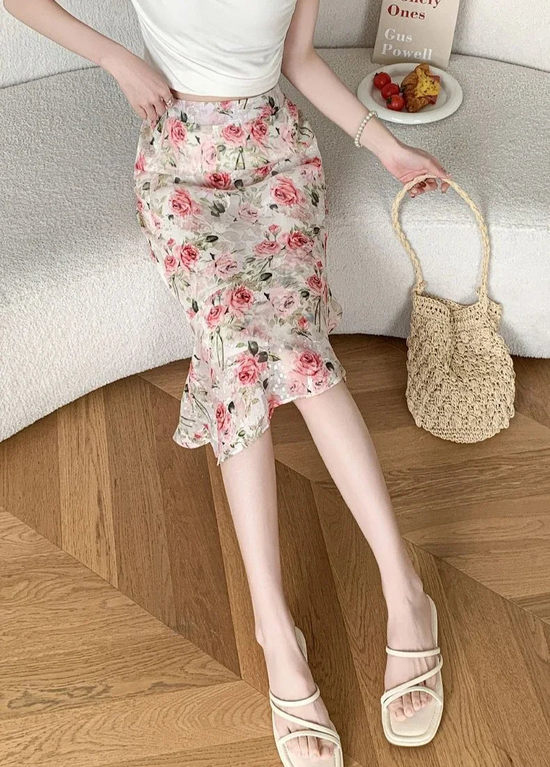 Blue Woman Skirt Floral Midi Ruffle Chiffon A Line Y2k Vintage Chic and Elegant Aesthetic Streetwear 2025 Trend Skirts for Women