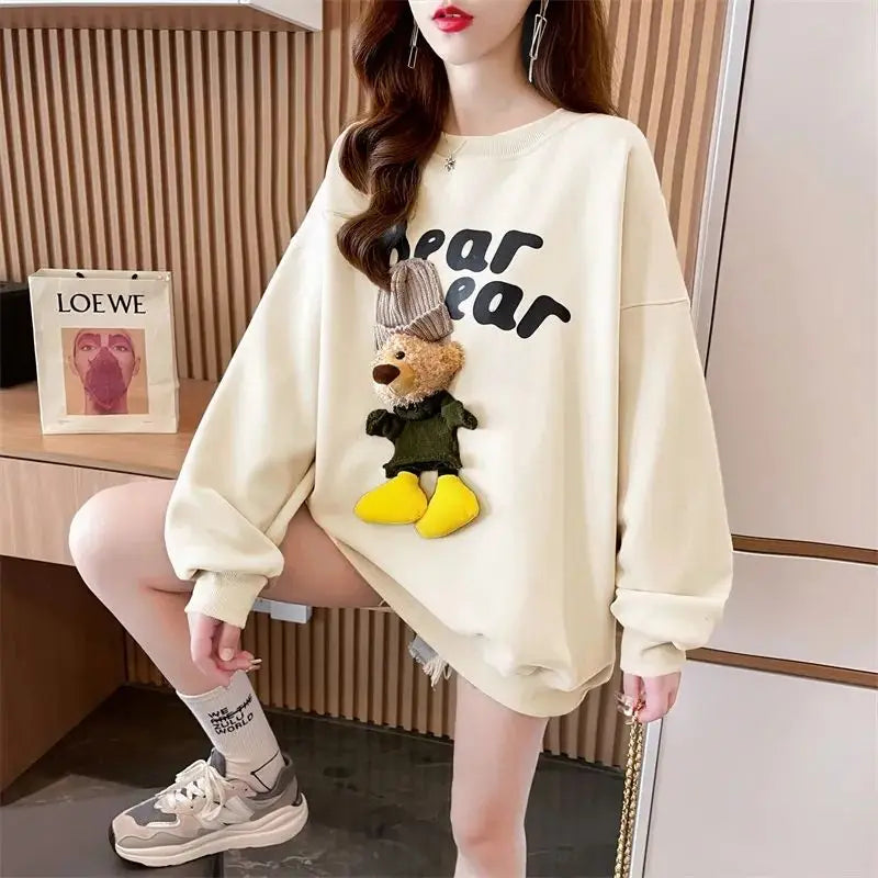 Women's Clothing Trendy Funny Cute 3D Cartoon Bear Streetwear Y2K Sweatshirt Korean O Neck Long Sleeve Oversize Pullover Hoodies