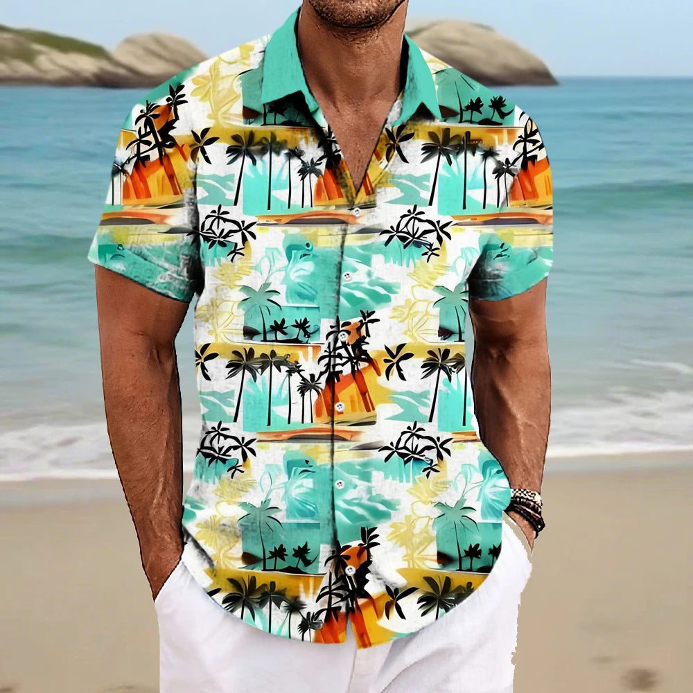 Beach Men's Lapel Shirt Summer Short Sleeve Outdoor Everyday Shirt Tops Landscape Printed Pattern OverSize Loose Men Clothing