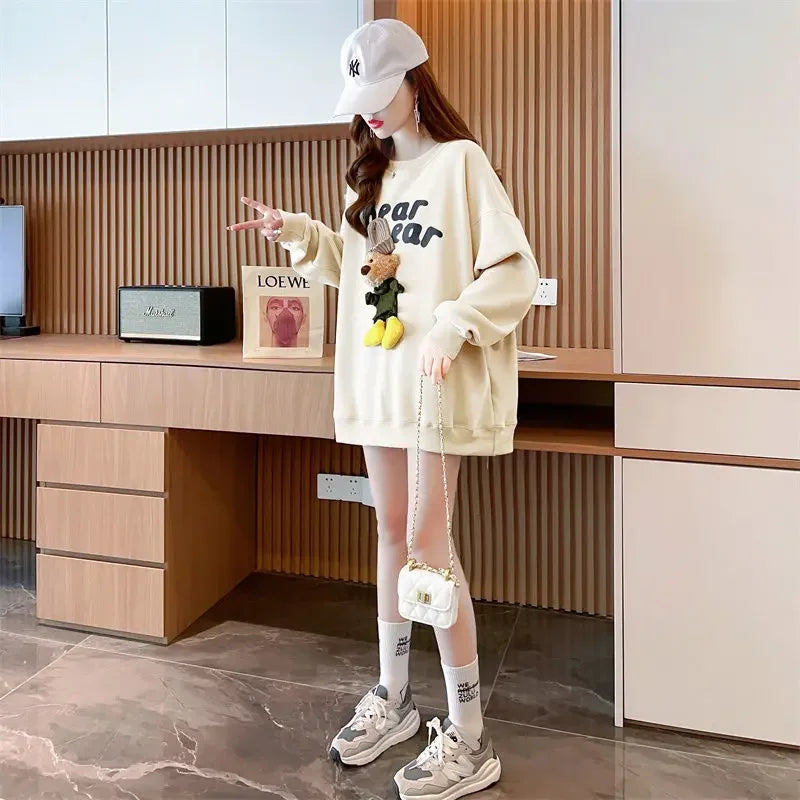 Women's Clothing Trendy Funny Cute 3D Cartoon Bear Streetwear Y2K Sweatshirt Korean O Neck Long Sleeve Oversize Pullover Hoodies