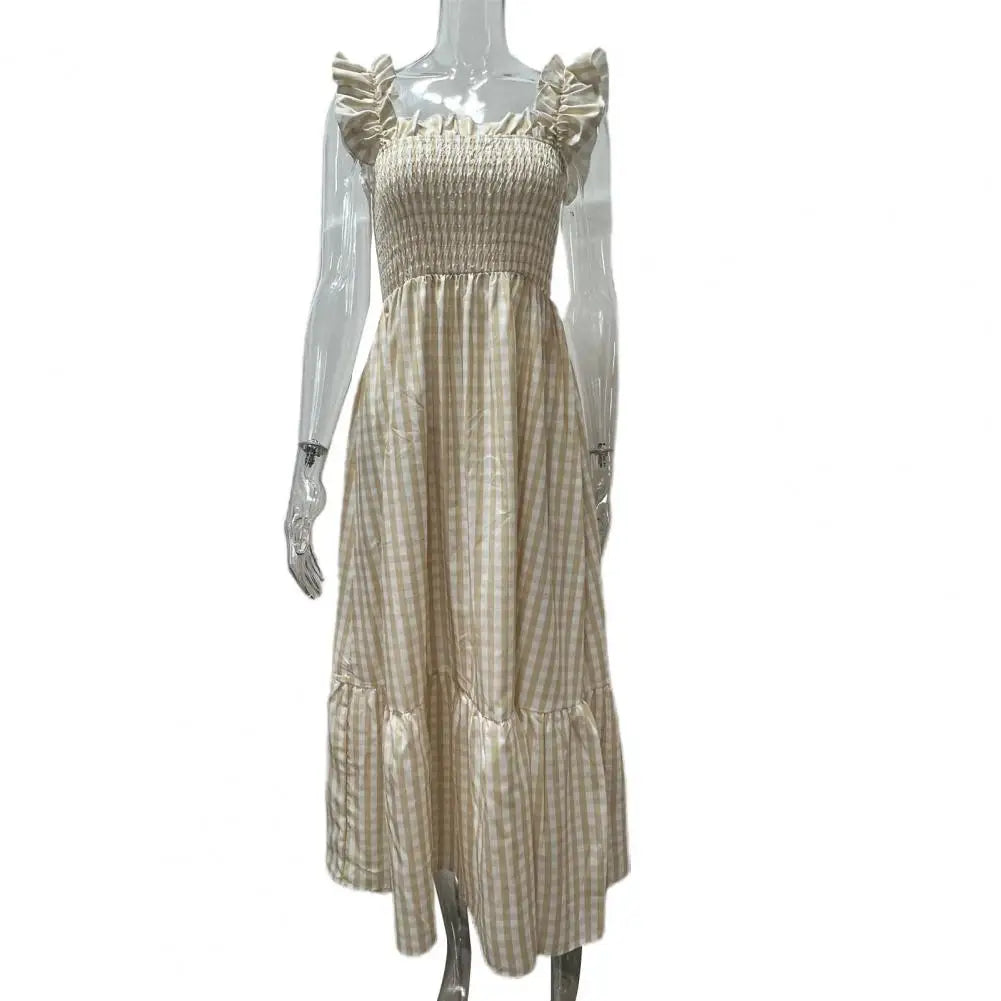 2025 Square Collar Sleeveless Women Dress Elastic Chest Wrap Ruffle Large Hem Women Plaid Print Sling Maxi Dress Summer Sundress