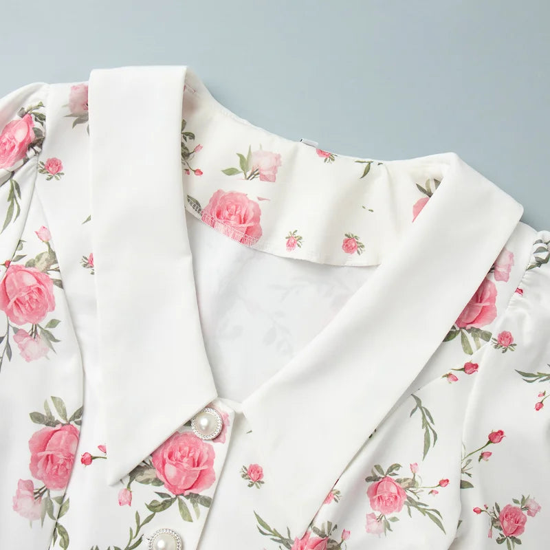 Sweet Floral Printed Ruffle Hem Dress Chic A-line Lapel Puff Sleeve Dresses For Women 2025 Summer Lady Holiday Street Gowns New
