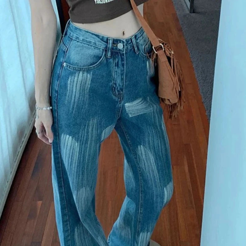 Women's Jeans Straight Leg Loosefit Female Cowboy Pants 2025 Korean Style Size X Larg Unique Cheap Medium Wash Fashion Trousers