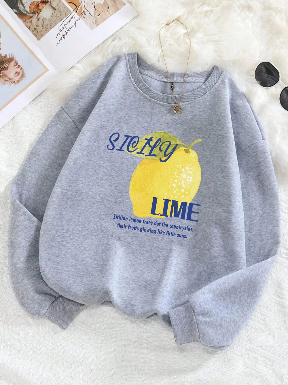 Sicily Lime Lemon Printing Hoodie Womens Casual Pocket Pullover Winter Fleece Warm Sweatshirt Comfortable Loose Womans Clothes