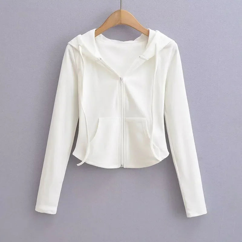 SMVP Streetwear Hooded Pockets Sweatshirt Women Casual Solid Sports Long Sleeve Hoodies Woman Autumn Slim Zipper Cropped Coat
