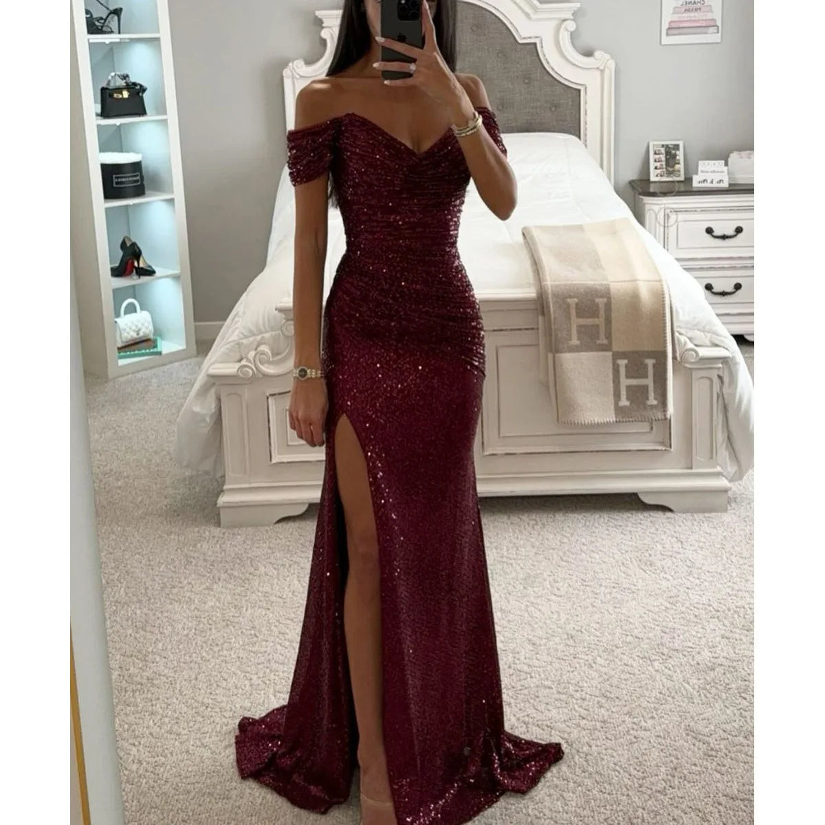 BWQ Women Off Shoulder Prom Dresses Elegant Sequin Solid Evening Party Dresses Ladies Wrap Split Sequined Maxi Formal Dress