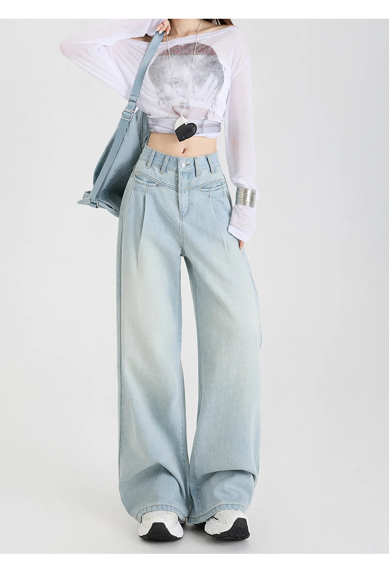 Woman Jeans High Waist Wide Leg Cotton Denim Clothing Design Sense Straight Pant Fashion Comfort White Retro Blue Casual Trouser