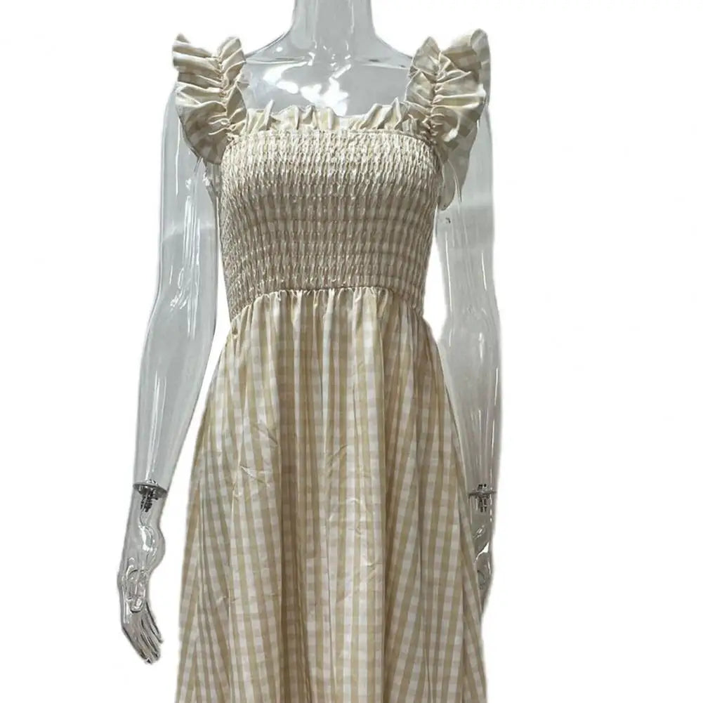 2025 Square Collar Sleeveless Women Dress Elastic Chest Wrap Ruffle Large Hem Women Plaid Print Sling Maxi Dress Summer Sundress
