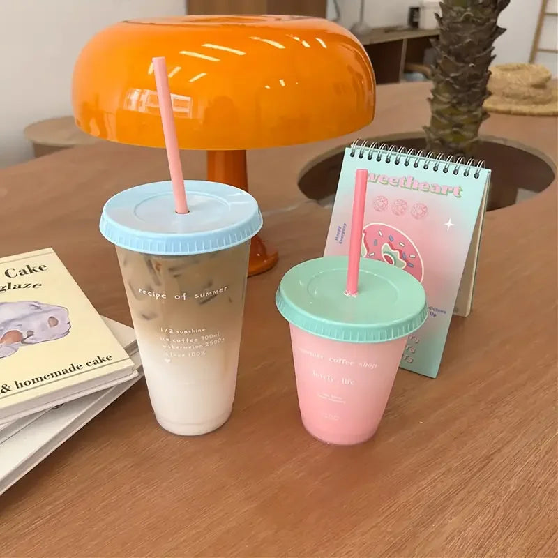 1pc-480ml/700ml Portable Reusable Plastic Straw Cup Large Capacity Handy Cup Drinking Juice Coffee Milk Tea Drinks Summer