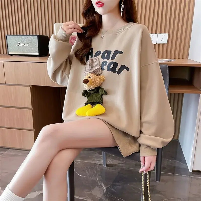 Women's Clothing Trendy Funny Cute 3D Cartoon Bear Streetwear Y2K Sweatshirt Korean O Neck Long Sleeve Oversize Pullover Hoodies