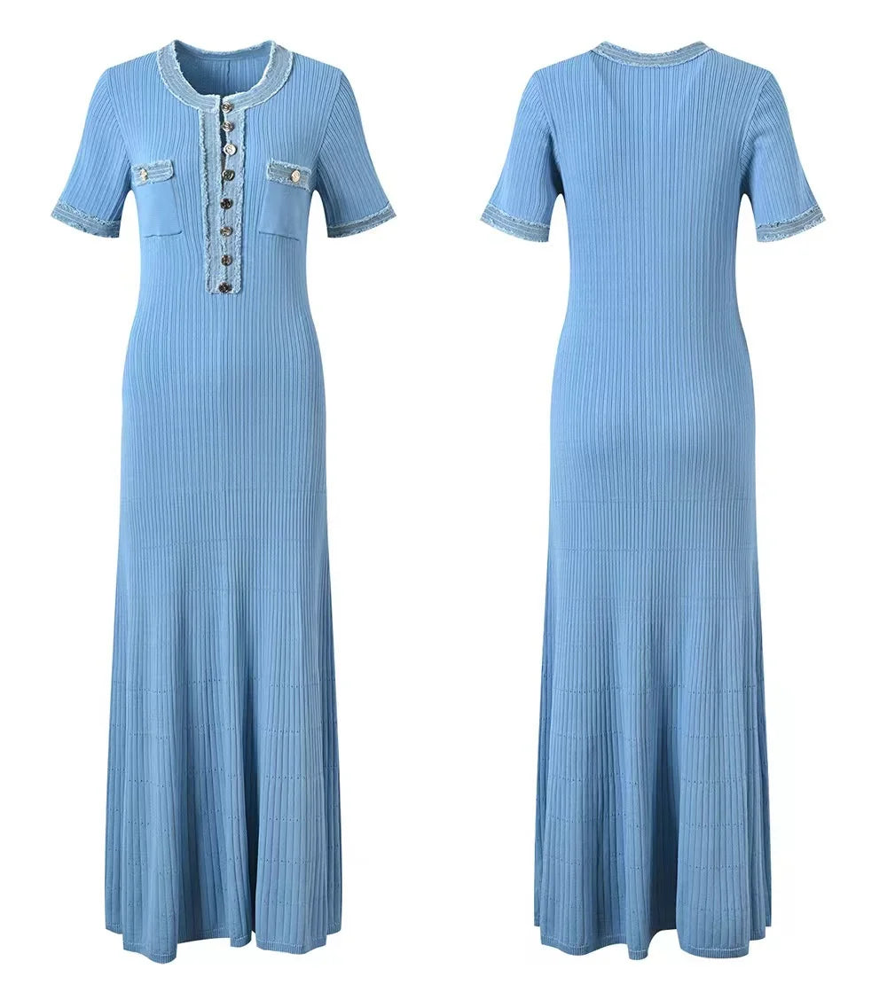 Elegant Contrasting Women Knit Maxi Dress Chic O-neck Short Sleeve Metal Buttons Bodycon Dresses Office Lady Commuting Robe
