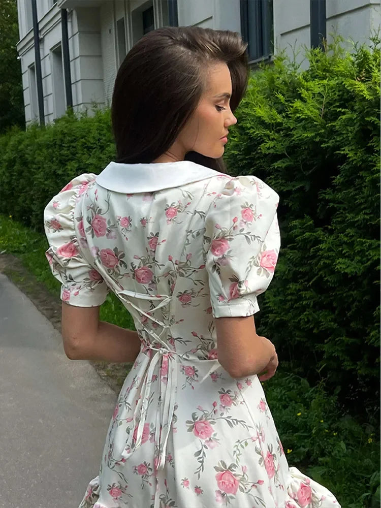 Sweet Floral Printed Ruffle Hem Dress Chic A-line Lapel Puff Sleeve Dresses For Women 2025 Summer Lady Holiday Street Gowns New