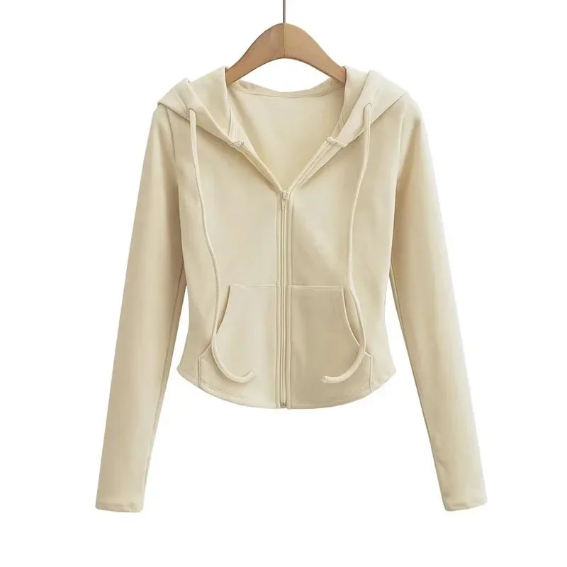SMVP Streetwear Hooded Pockets Sweatshirt Women Casual Solid Sports Long Sleeve Hoodies Woman Autumn Slim Zipper Cropped Coat