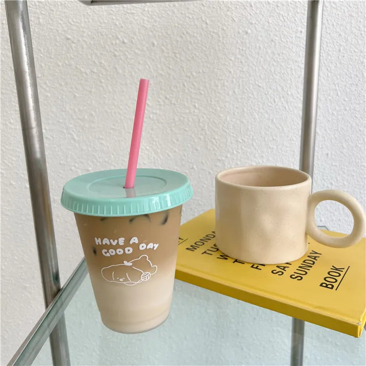 1pc-480ml/700ml Portable Reusable Plastic Straw Cup Large Capacity Handy Cup Drinking Juice Coffee Milk Tea Drinks Summer