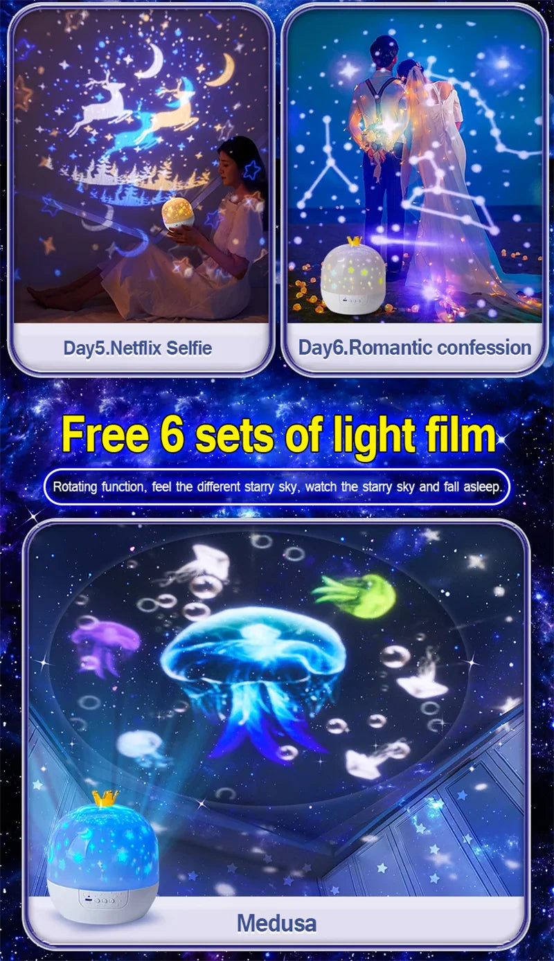 Crown Star Light Projection Rotating Star Bedroom Ceiling Atmosphere Night Lamp Stars Childrens Birthday Gift with Films Sheet