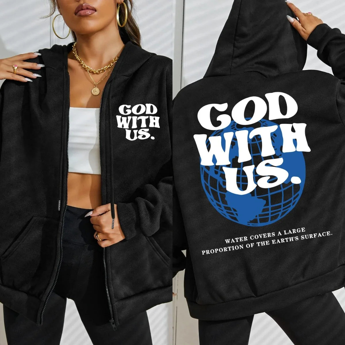 God With Us Water Covers Earth Print Zipper Hoodie Women Street Fleece Hoody Fashion Casual Sportswears Autumn Loose Sportswear