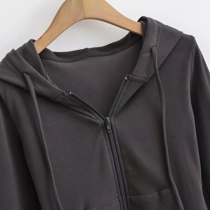 SMVP Streetwear Hooded Pockets Sweatshirt Women Casual Solid Sports Long Sleeve Hoodies Woman Autumn Slim Zipper Cropped Coat