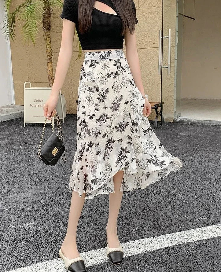Blue Woman Skirt Floral Midi Ruffle Chiffon A Line Y2k Vintage Chic and Elegant Aesthetic Streetwear 2025 Trend Skirts for Women