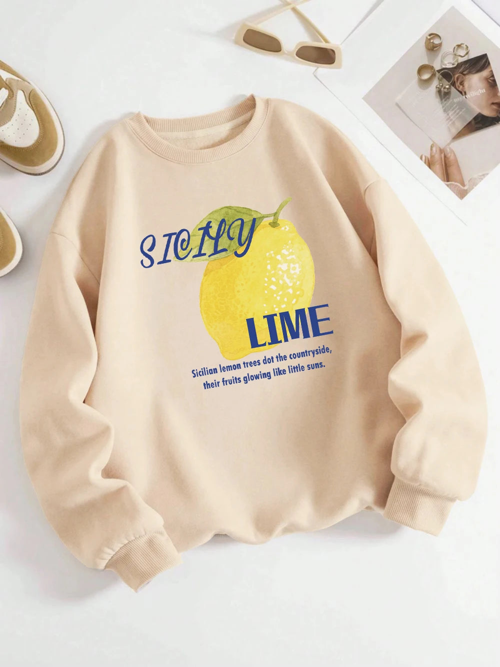 Sicily Lime Lemon Printing Hoodie Womens Casual Pocket Pullover Winter Fleece Warm Sweatshirt Comfortable Loose Womans Clothes